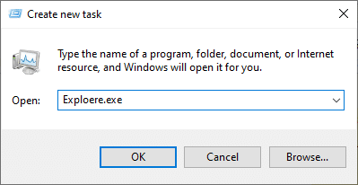 Teraz wpisz Exploere.exe w nadchodzącym polu i kliknij przycisk OK. Napraw 0x80004002 Brak takiego interfejsu obsługiwanego w systemie Windows 10