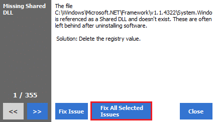 ทำตามคำแนะนำบนหน้าจอและคลิกที่ แก้ไขปัญหาที่เลือกทั้งหมด เพื่อล้างไฟล์รีจิสตรีที่เสียหายทั้งหมด