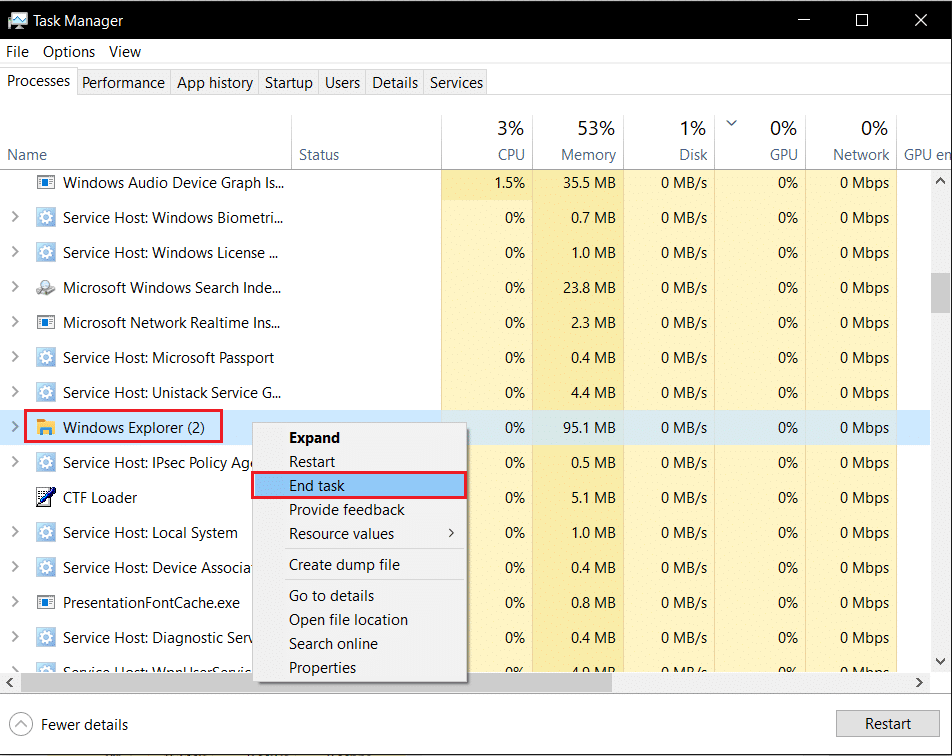 右键单击 Windows 资源管理器，然后单击结束任务。修复 0x80004002 Windows 10 不支持此类接口