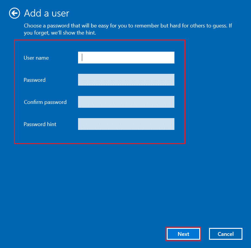 Insira suas credenciais e clique em Avançar. Correção 0x80004002 Nenhuma interface com suporte no Windows 10