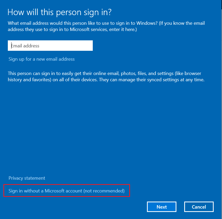 Escolha a opção Entrar sem uma conta da Microsoft não recomendada. Correção 0x80004002 Nenhuma interface com suporte no Windows 10