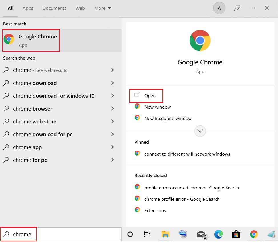 buka google chrome dari menu pencarian Windows. Perbaiki Kesalahan BREAKPOINT STATUS Google Chrome