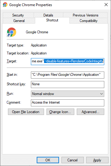 Escriba el comando para Deshabilitar RendererCodeIntegrity. Solucionar el error de PUNTO DE INTERRUPCIÓN DE ESTADO de Google Chrome