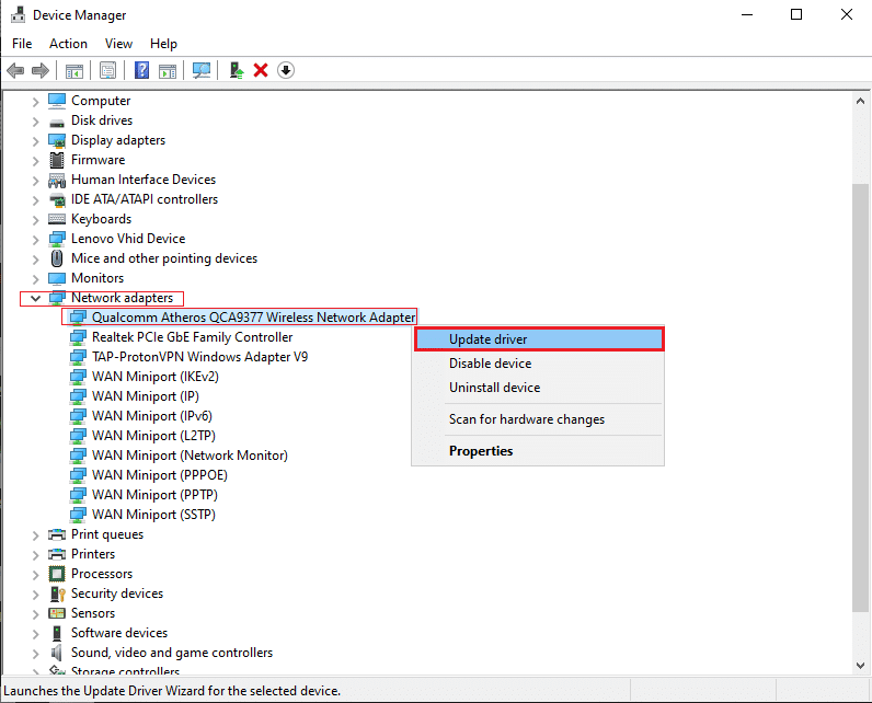 Haga clic derecho en su controlador de red y haga clic en Actualizar controlador. Solucionar el error de PUNTO DE INTERRUPCIÓN DE ESTADO de Google Chrome