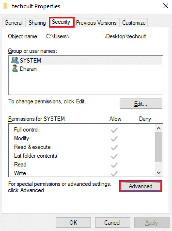 ในแท็บ Security ให้คลิกที่ Advanced option