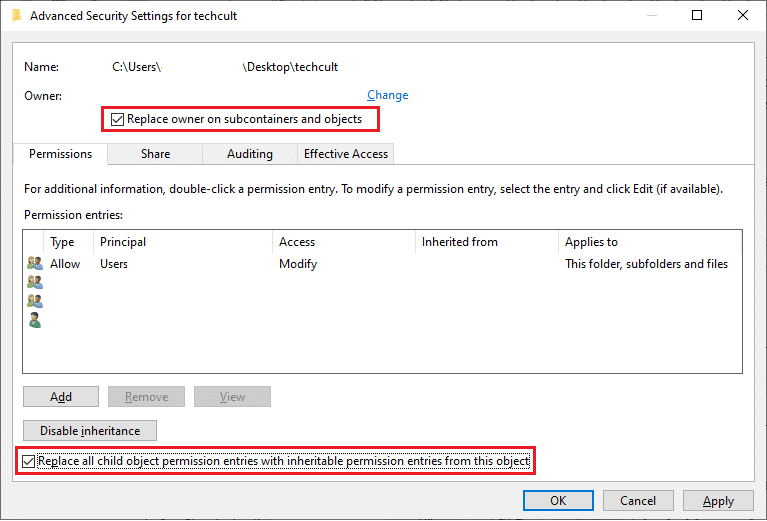 Substituir proprietário em subcontêineres e objetos Substitua todas as entradas de permissão do objeto filho por entradas de permissão herdáveis ​​deste objeto. Corrigir o erro de serviço 1053 no Windows 10