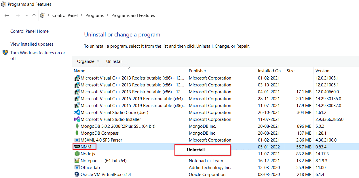 odinstaluj Nexus Mode Manager NMM z programów i funkcji