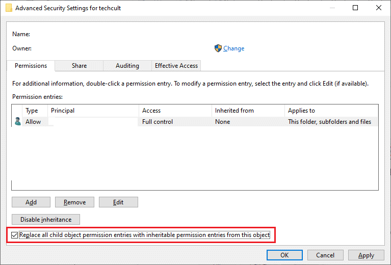 Substitua todas as entradas de permissão do objeto filho por entradas de permissão herdáveis ​​deste objeto. Corrigir o erro de serviço 1053 no Windows 10