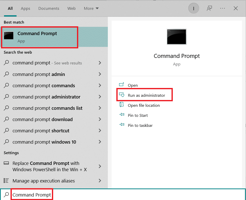 Recherchez Invite de commandes dans la barre de recherche Windows et cliquez sur Exécuter en tant qu'administrateur