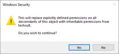 Haga clic en Sí para continuar con el indicador de seguridad de Windows