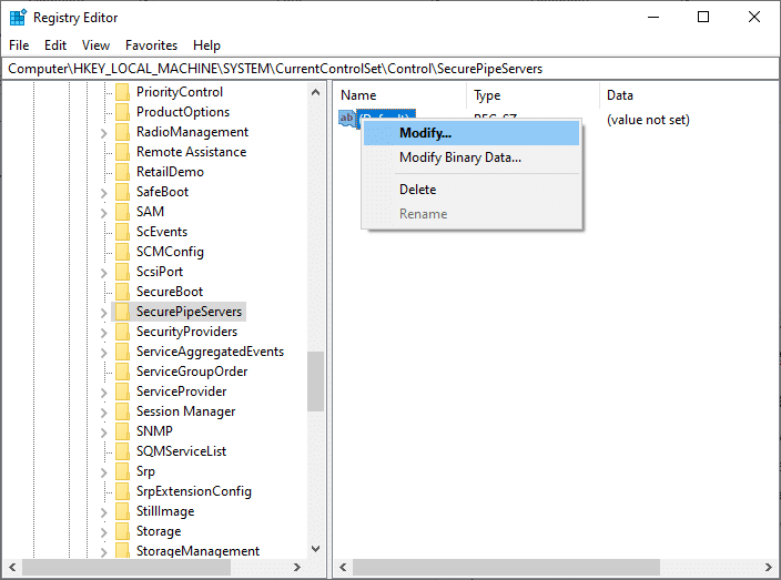 Si tiene SecurePipeServers en la carpeta Control, haga clic con el botón derecho en la clave Predeterminada en el panel derecho y seleccione la opción Modificar