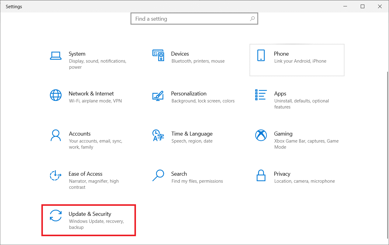 Fare clic su Aggiorna e sicurezza. Correggi l'handle è un errore non valido in Windows 10