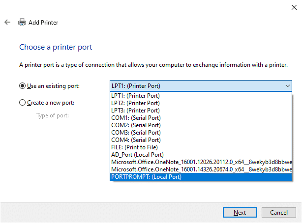 ในหน้าต่างถัดไป ให้คลิกที่ PORTPROMPT Local Port ในเมนูดร็อปดาวน์ของ Use an existing port และคลิก Next แก้ไข Handle is Invalid Error ใน Windows 10