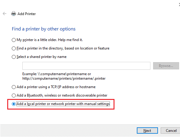 Em seguida, clique em Adicionar uma impressora local ou impressora de rede com configurações manuais conforme mostrado e clique em Avançar. Corrigir o identificador é um erro inválido no Windows 10