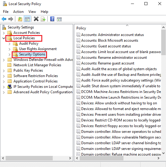 Quindi, fai clic su Criteri locali nel riquadro di sinistra, seguito da Opzioni di sicurezza. Correggi l'handle è un errore non valido in Windows 10