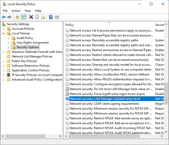 Agora, no painel direito, clique duas vezes no nível de autenticação do Network security LAN Manager para abri-lo para corrigir não é possível instalar a impressora o identificador é inválido