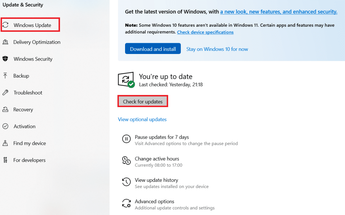 คลิกที่ปุ่ม ตรวจสอบการอัปเดต แก้ไข Handle is Invalid Error ใน Windows 10