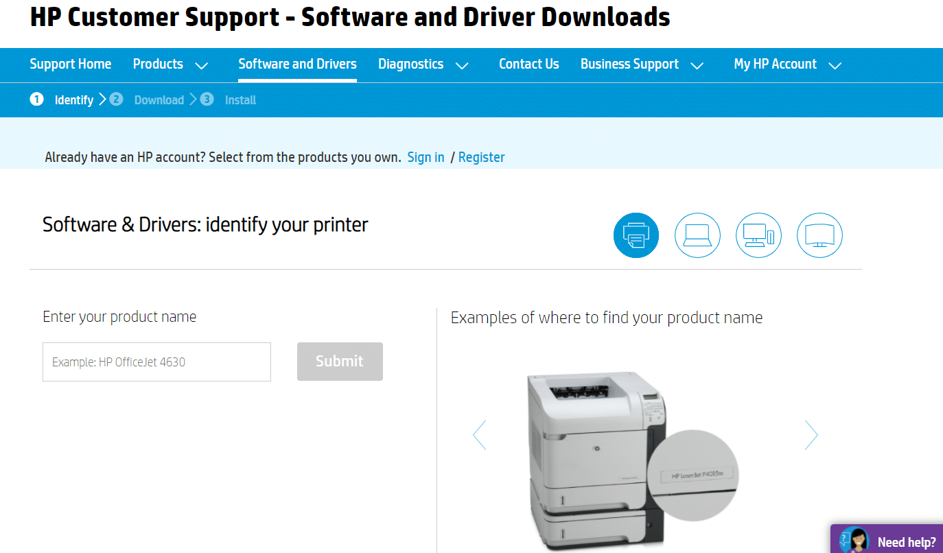 página de download do driver da impressora hp