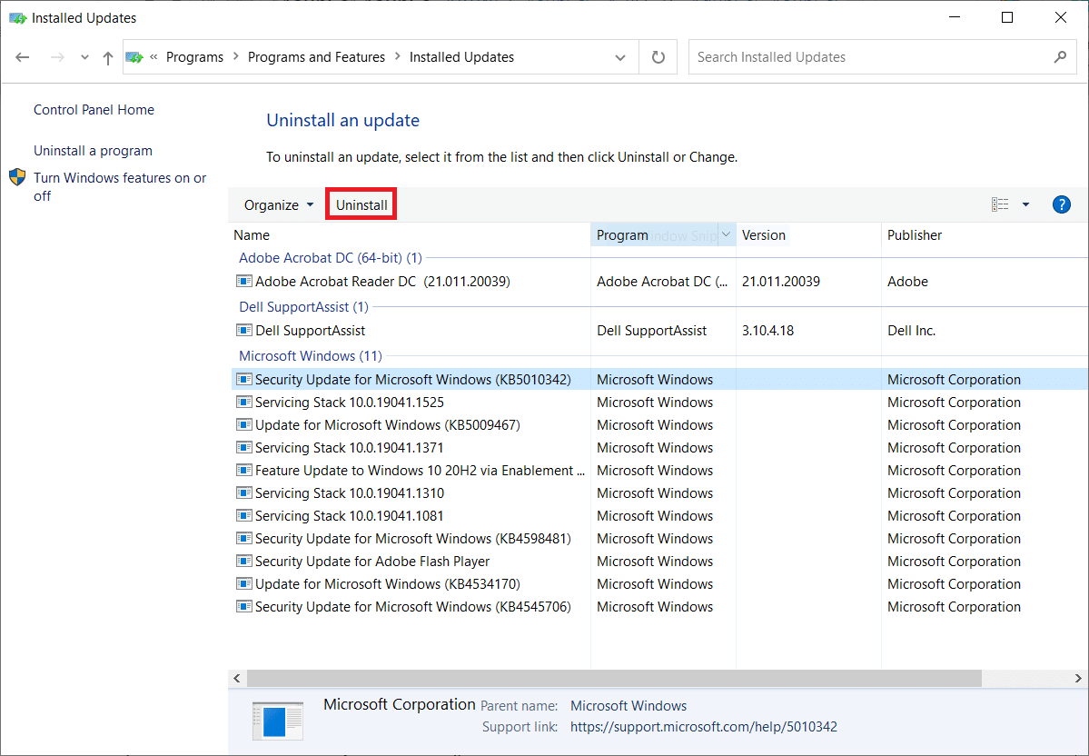 selezionare l'aggiornamento più recente e fare clic sull'opzione Disinstalla