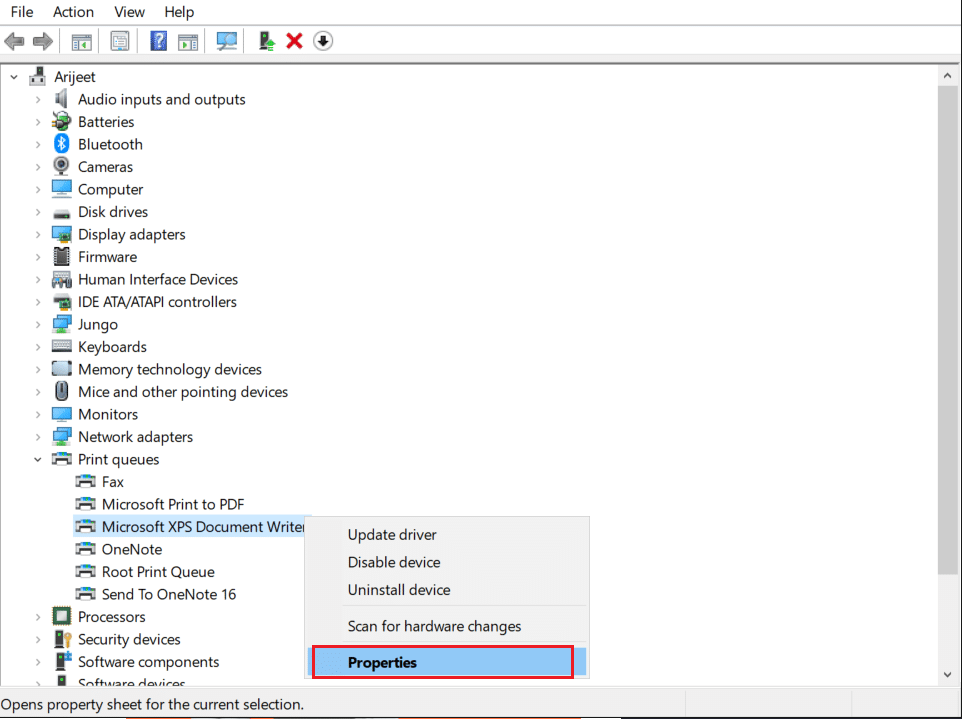 คลิกขวาที่ Microsoft XPS Document Writer และเลือก Properties ในคิวการพิมพ์ Device Manager แก้ไข Handle is Invalid Error ใน Windows 10