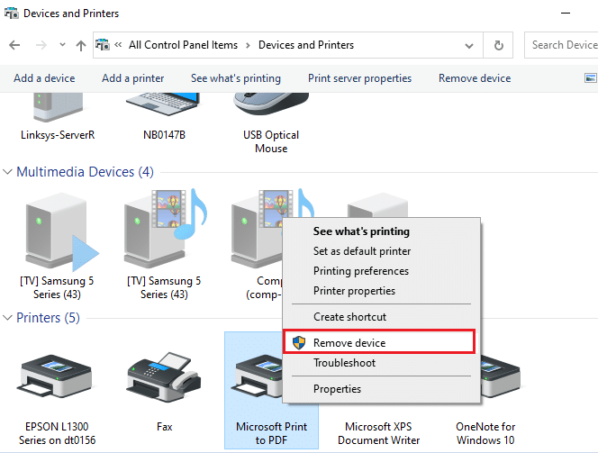 จากนั้น คลิกขวาที่เครื่องพิมพ์และเลือกตัวเลือก Remove device เพื่อแก้ไขที่จับไม่ถูกต้อง