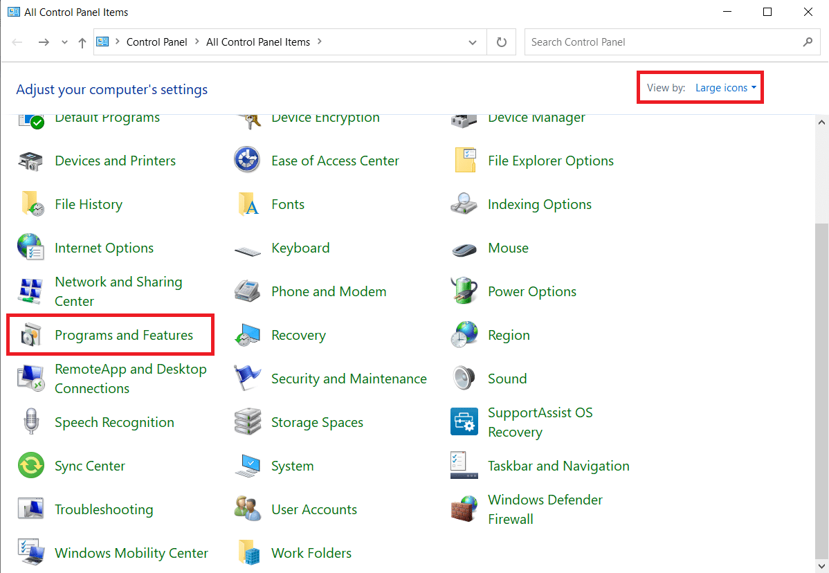 Stellen Sie Ansicht nach als große Symbole ein und wählen Sie Programme und Funktionen. Beheben Sie den Fehler „Handle ist ungültig“ in Windows 10