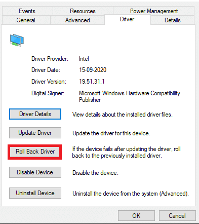 切換到Driver選項卡並選擇Roll Back Driver來修復handle is invalid錯誤