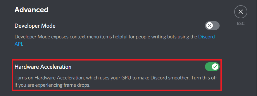 Desactive la palanca de Aceleración de hardware. Cómo arreglar la cámara Discord que no funciona en Windows 10