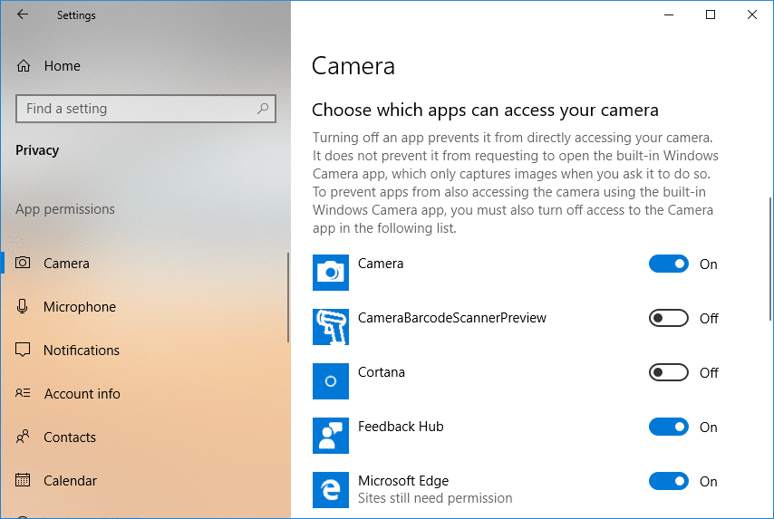ภายใต้ เลือกแอปที่สามารถใช้กล้องของคุณได้ ให้ปิดการสลับสำหรับแอปที่คุณต้องการปฏิเสธการเข้าถึงกล้อง