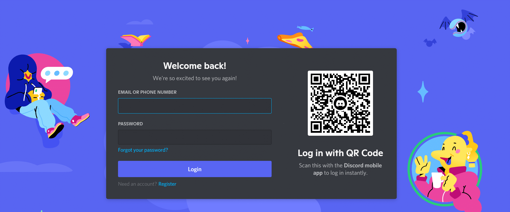 Página de login do Discord. Como corrigir a câmera Discord que não funciona no Windows 10