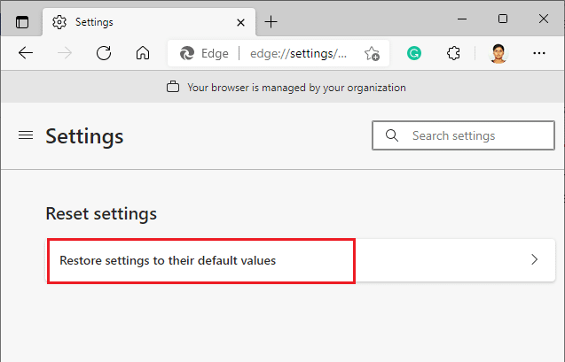 Sekarang, klik Pulihkan pengaturan ke opsi nilai defaultnya. Perbaiki Kesalahan STATUS BREAKPOINT di Microsoft Edge