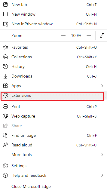 Klicken Sie nun auf Erweiterungen. Beheben Sie den Fehler STATUS BREAKPOINT in Microsoft Edge