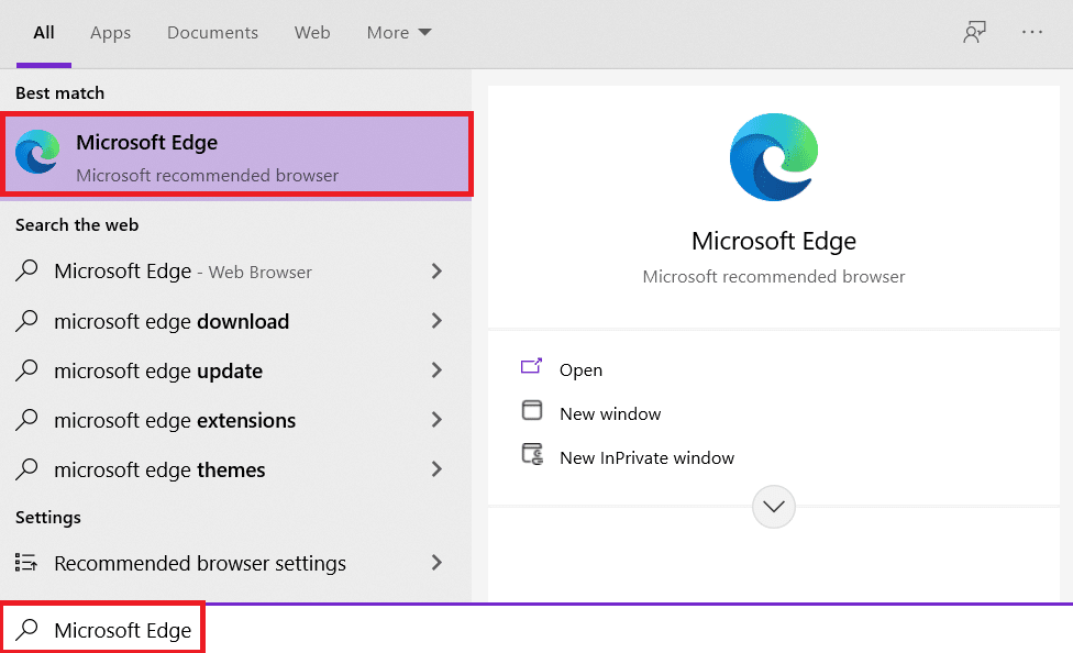 No menu Iniciar, digite Microsoft Edge e pressione Enter para iniciá-lo