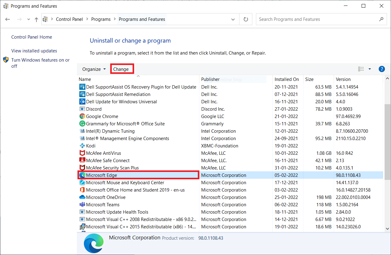 Na janela Programas e Recursos, clique em Microsoft Edge e selecione a opção Alterar