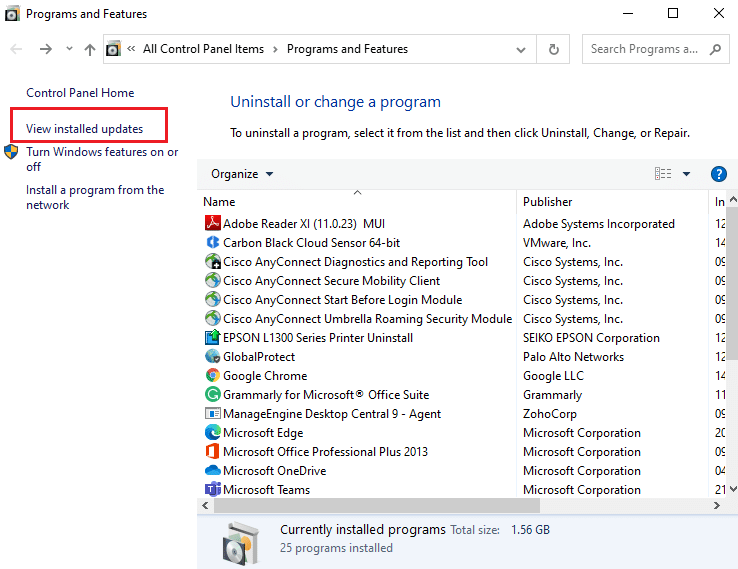 klik Lihat pembaruan yang diinstal di panel kiri. Perbaiki Kesalahan STATUS BREAKPOINT di Microsoft Edge