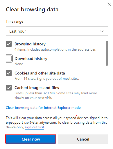 pilih kotak sesuai dengan preferensi Anda, seperti Riwayat penjelajahan, Cookie dan data situs lainnya, dan Gambar dan file dalam cache dan klik Hapus sekarang. Perbaiki Kesalahan STATUS BREAKPOINT di Microsoft Edge