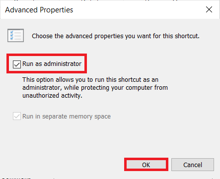 Marque a caixa Executar como administrador e clique em OK.