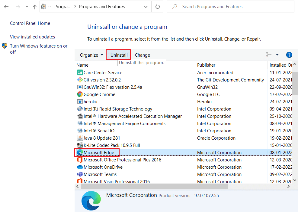 Wählen Sie Microsoft Edge aus und klicken Sie in der Einstellung „Programme und Funktionen“ der Systemsteuerung auf „Deinstallieren“. STATUSZUGRIFFSVERLETZUNG in Chrome behoben