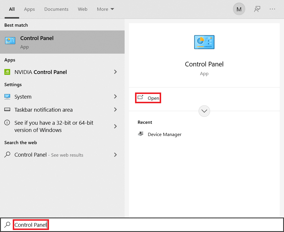 Pesquisa do menu Iniciar para o Painel de Controle