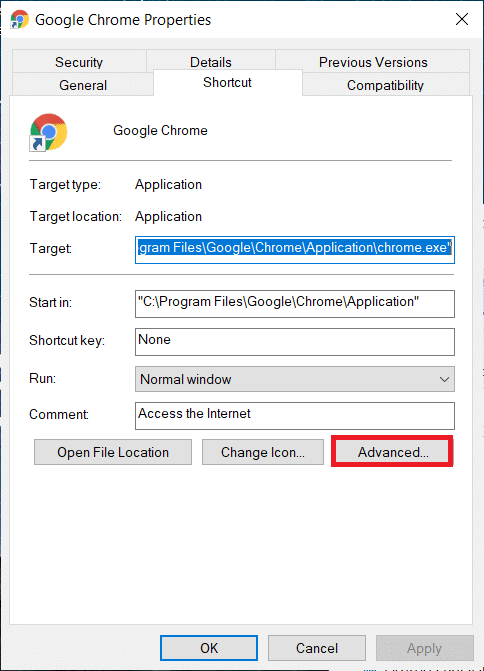 在快捷方式選項卡中，單擊高級。修復 Chrome 中的 STATUS ACCESS VIOLATION