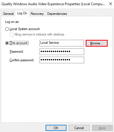 이 경우 품질 Windows 오디오 비디오 경험 속성 창에서 로그온 탭으로 전환하고 찾아보기… 버튼을 클릭합니다.