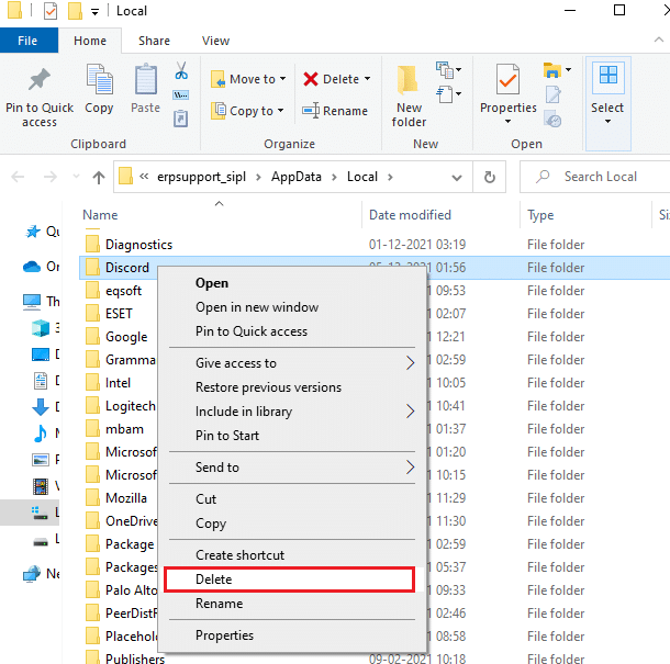 Găsiți folderul Discord utilizând meniul de căutare și ștergeți-l. Cum să remediați eroarea Discord JavaScript la pornire pe Windows 10