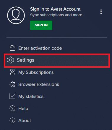 klik Pengaturan dari daftar dropdown Avast Free Antivirus. Perbaiki Steam Terus Menerjang