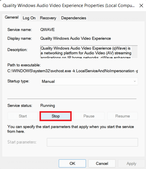 جودة خدمة Windows Audio Video Experience Stop