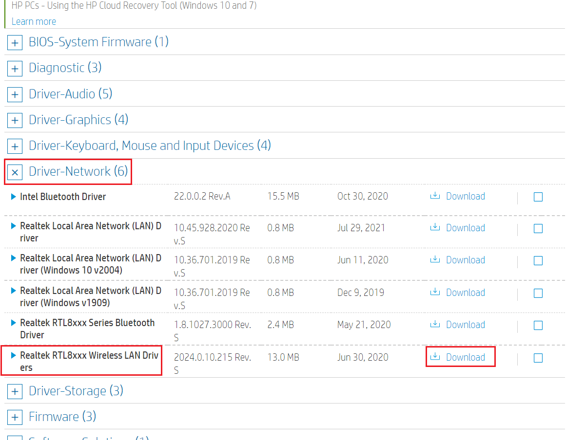 expanda a opção de rede do driver e selecione o botão Download em relação ao driver de rede na página de download do driver hp