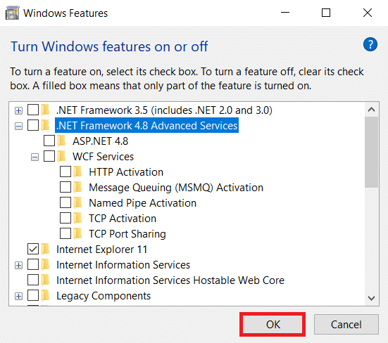 すべての.NETFrameworkエントリの選択を解除します。 [OK]をクリックします