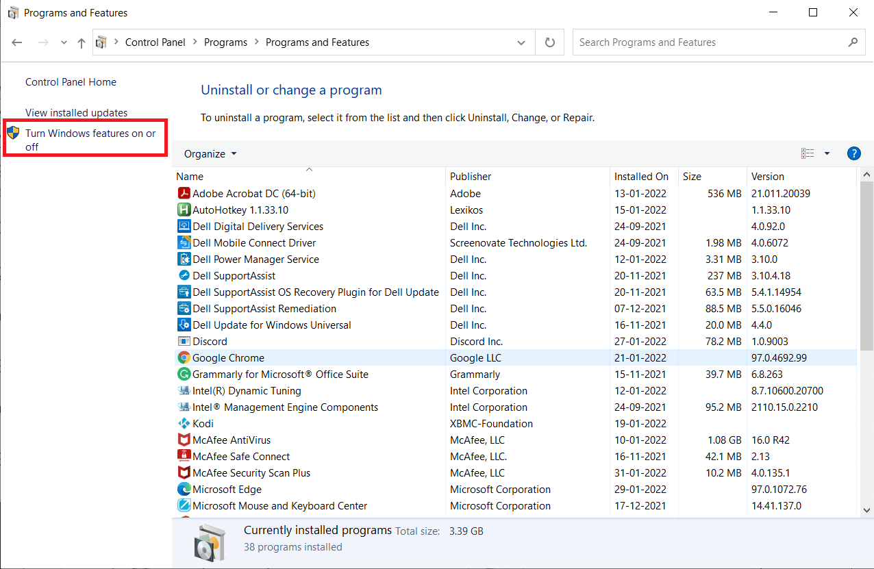 Windows 기능 켜기 또는 끄기를 클릭합니다.