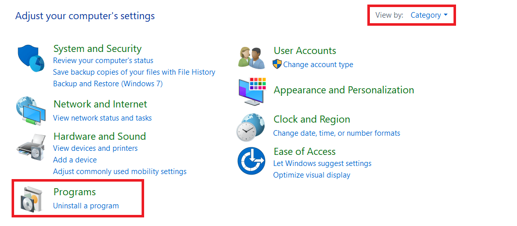 Defina a exibição por como categoria e clique em Desinstalar um programa