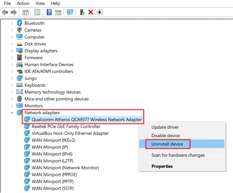 expanda os adaptadores de rede, clique com o botão direito do mouse no driver de rede e clique em desinstalar dispositivo no gerenciador de dispositivos. Corrigir erro de aplicativo do evento 1000 no Windows 10