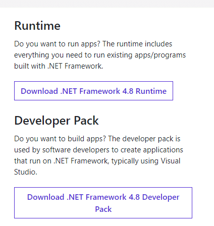 لا تنقر فوق Download .NET Framework 4.8 Developer Pack